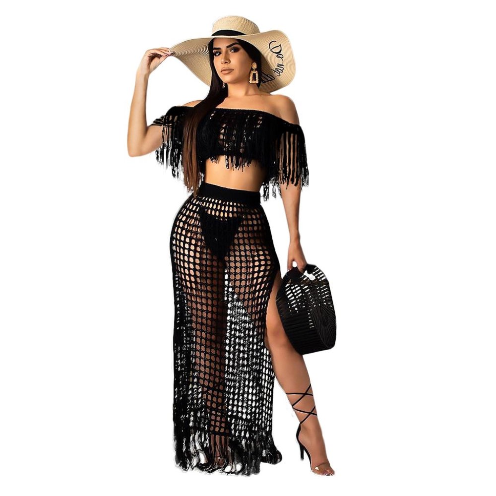 2 Piece Black Grid Tassel Cover up